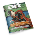 Schräg fotografiertes Kunstmagazin mit grünem Cover und japanischer Farbholzschnitt-Illustration: eine weibliche Person in farbenprächtiger, floral gemusterter Kleidung liegt vor einer grünen Landschaft. Sichtbare Texte: „art“, „DAS KUNSTMAGAZIN // AUGUST 2026“, „JAPANLIEBE“, „MIT POSTER-EDITION ZUM HERAUSNEHMEN!“, „Schau in Dresden: Wie japanische Farbndrücke ganz Europa bezauberten“, „MANIFESTA 16 RUHR“ und „PAUL SIGNAC IN POTSDAM“.