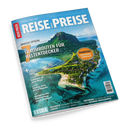 Titelbild der Reisemagazins „Reise und Preise“, Ausgabe Mai/Juni/Juli 2023, mit Luftaufnahme einer tropischen Insel mit grünem Berg, weißen Stränden und türkisfarbenem Meer. Sichtbare Texte: „Großes Special – Traumrouten für Welten­entdecker“, „Mauritius – Immergrüne Zuckerinsel“, sowie weitere Themen über Paris, Spanien, Kanada und Reisetipps zu Malediven, Botsuana, Fidschi und Bosnien-Herzegowina.