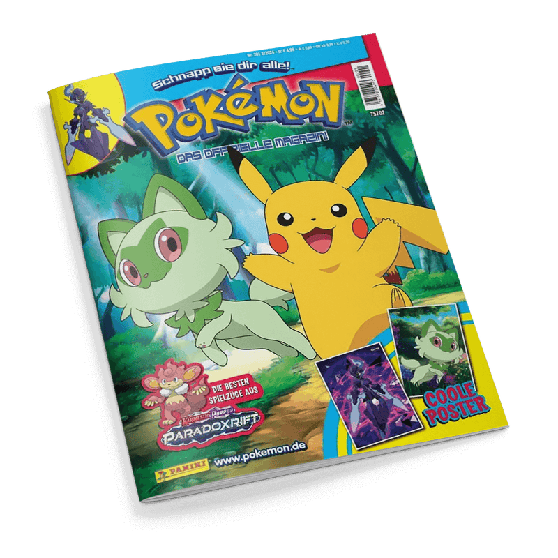 Titelbild des Magazins „Pokémon – Das offizielle Magazin“ mit großem, zentralem Motiv der Pokémon-Figuren Pikachu (gelb) und Felori (hellgrün) vor einem Waldhintergrund; oben blau-gelber Schriftzug „Schnapp sie dir alle!“ und „Pokémon – Das offizielle Magazin“, unten links roter Schriftzug „Die besten Spielzeuge aus Paradoxriss“, unten rechts zwei Posterabbildungen und türkiser Aufdruck „Coole Poster“, Webadresse www.pokemon.de und gelbes Panini-Logo am unteren Rand.