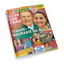 Titelblatt der Zeitschrift „Echo der Frau“ mit großem Foto eines lächelnden Mannes in grünem Sakko und einer lächelnden Frau in hellgelber Kleidung vor rotem Hintergrund. Hauptüberschrift: „Traum-Hochzeit im Mai“. Weitere sichtbare Texte: „Stefan Mross & seine Eva“, „20 Seiten Super Ratespaß“, „Mit Rate-Krimi“, „Alles Gute zum 80.“, „Jetzt ein süßes Baby!“, „Rache am Königshaus?“, sowie kleinere Porträtfotos mehrerer weiterer Personen.