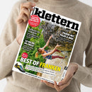 Hände einer Person in beigefarbenem Pullover halten ein Magazin mit dem Titel „klettern – Abenteuer | Lifestyle | Sport“. Auf dem Cover klettert eine Frau mit blauem Top und roter Hose an einer Felswand über grünem Tal. Sichtbare Schlagzeilen: „Kletterpower für Jung und Alt“, „Gorges du Verdon“, „10 Helme im Check“, „Friede mit Falke & Uhu“, „Best of Franken“. Unten links ein Bild eines gelb-blauen Kletterschuhs.