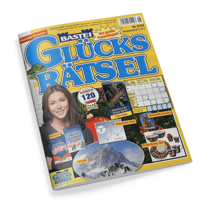 Titelbild der Zeitschrift „Bastei Glücks-Rätsel“, Ausgabe Nr. 6/24 für November/Dezember, mit gelbem Hintergrund und großem blauen Schriftzug; zentrale Abbildungen: lachende weiblich gelesene Person mit braunen Haaren, Buchcover mit Titeln „Merry Christmas, Poppy“ und „Ein Hauch von Wintermagie“, ein Adventskalender, ein Schmuck-Set, ein Frühstücks-Set, eine verschneite Berglandschaft mit „Urlaub“-Beschriftung, ein ausgefüllter Rätselblock, mehrere Werbetexte, u. a. „GARANTIERT 120 Rätsel“.