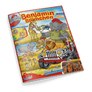 Titelbild eines Kinderhefts der Reihe „Benjamin Blümchen“ mit bunter Illustration: Der Elefant Benjamin trägt Safari-Kleidung und sitzt mit einem Jungen, einem Löwen und einem Zebra-Jeep im afrikanischen Savannenhintergrund, umgeben von Giraffe, Flusspferd, Affen und Erdmännchen; Aufschriften u. a.: „Abenteuer in Afrika“, „Tolle Ferngläser“, „Basteln“, „Tierfreunde“ und „Wächter der Savanne: Erdmännchen“.
