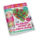 Titelblatt des Magazins „Good Health“, Ausgabe Mai/Juni 2025. Mittig ein herzförmig arrangiertes Motiv aus grünen Bohnen, Erbsenschoten, Himbeeren und Blaubeeren auf weißem Hintergrund. Haupttitel in pink und türkis: „So bleibt unser Herz jung“. Oben und seitlich Textfelder mit Themen wie „Das Einmaleins des Sonnenschutzes“, „Straffe Oberarme“ und „Einfache Wege zu mehr Selbstwert“.