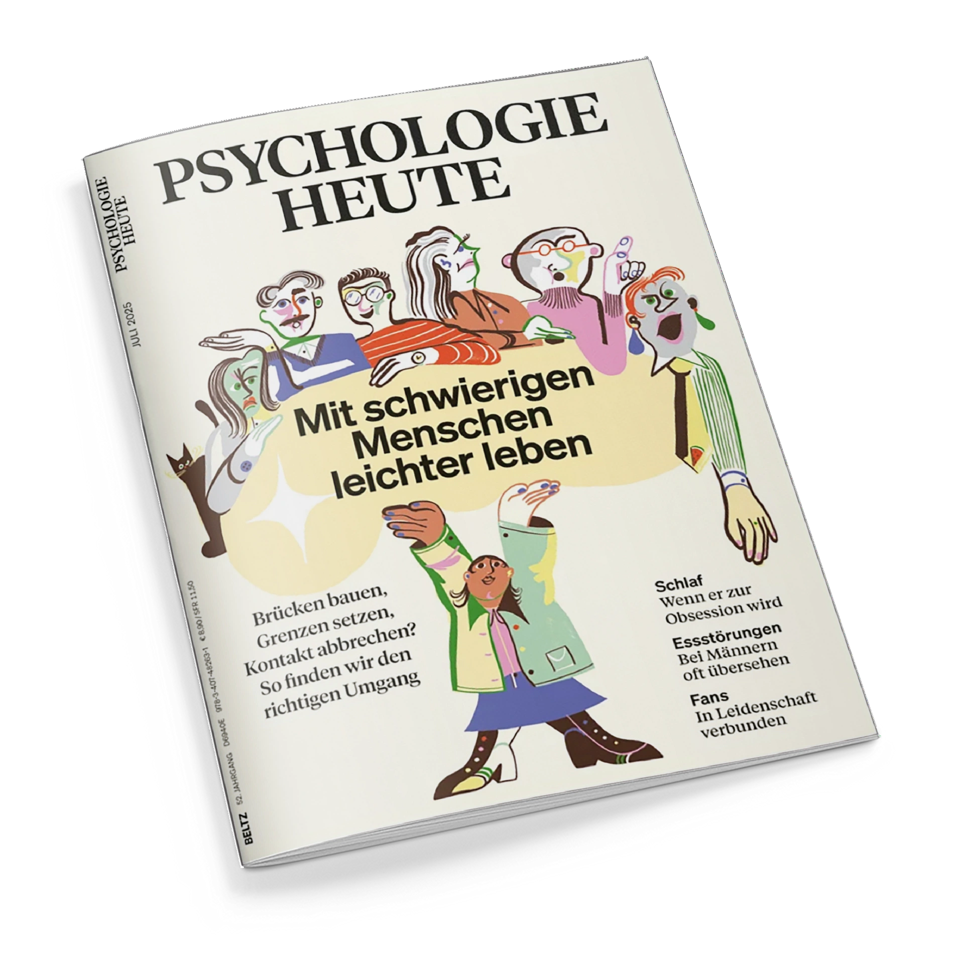 Titelblatt der Zeitschrift „Psychologie Heute“, Ausgabe Januar 2025. Zentrale Überschrift: „Mit schwierigen Menschen leichter leben“. Darunter Illustrationen von sechs stilisierten Personen in unterschiedlichen Haltungen und Farben. Zusätzliche Texte: „Brücken bauen, Grenzen setzen, Kontakt abbrechen? So finden wir den richtigen Umgang“, „Schlaf – Wenn er zur Obsession wird“, „Essstörungen – Bei Männern oft übersehen“, „Fans – In Leidenschaft verbunden“.