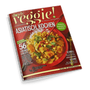 Titelbild der Zeitschrift „slowly veggie! Vegetarisch & vegan genießen“, Schwerpunkt „Asiatisch kochen“, mit rotem Hintergrund und zentralem Foto eines gelben Kichererbsen-Kürbis-Currys mit Reis, serviert in einer roten Schüssel mit Stäbchen; Textelemente u. a.: „56 Lieblingsgerichte“, „Schnell – Easy 30-Minuten-Rezepte mit Tofu“, „Gesund – Wie Ingwer und Chili unserem Körper guttun“, „Exotisch, aromatisch, köstlich!“, Ausgabe Nr. 1/2025 unten am Rand.