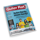 Titelbild der Zeitschrift „Guter Rat“, Ausgabe Nr. 10/2024; zentrale Schlagzeile: „Gutes Handy, böses Handy!“ mit Untertiteln „Praktisch & tückisch“ und „Als Helfer unentbehrlich – als Gefahrenquelle völlig unterschätzt!“; darunter fünf Personen mit Smartphones, mittig ein Mann in gelbem Pullover, umgeben von jüngeren und älteren Kindern sowie einer Frau; weitere Themen: „Wie Schiffe Kurs auf Umweltschutz nehmen“, „KI in der Medizin“, „IMMOBILIEN“, „BÖRSENCRASH“ und „HOBBY-IMKER“.