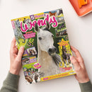 Titelbild des Pferdemagazins „Wendy“ mit einer groß abgebildeten grauen Pferdekopf-Fotografie in der Mitte, umgeben von kleineren Bildern verschiedener Pferde beim Reiten und im Stall. Textaufschriften: „5 süße Poster“, „Wunderschöne Schecken“, „Die Dressur Stars“ und „Comic Ein echter Bärendienst“. Hintergrund in Gelb- und Grüntönen mit Hufeisen-, Stern- und Herzmotiven, gehaltene Zeitschrift in zwei Händen über hellem Tisch.