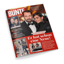 Schräg liegendes Magazin „BUNTE“ mit rotem Titelbanner und weißem Logo, Titelbild zeigt einen dunkelhaarigen Mann mit Bart im schwarzen Anzug neben einer Frau mit langen dunklen Haaren in schwarzem Oberteil; Text u. a.: „COLLIEN FERNANDES & CHRISTIAN ULMEN“, „Er hat schon eine Neue!“, „ABNEHM-SPRITZE Der große BUNTE-Report über das Wundermittel“. Weitere kleinere Bilder und Schlagzeilen links und unten, u. a. „JULIAN NAGELSMANN“ und „WOLFGANG GRUPP“.