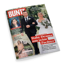 Schräg fotografiertes BUNTE-Magazin mit rotem Titelbalken und weißer Schrift auf schwarzem Hintergrund. Auf dem Cover stehen eine männliche Person im schwarzen Anzug mit Blumenanstecker und eine weibliche Person im weißen Brautkleid mit Blumenstrauß; weitere Texte lauten „Mythos Longevity“, „Was uns wirklich länger jung hält“, „Baby-Drama um seine Tochter“, „Collien Fernandes“ und „Linda Gray“.