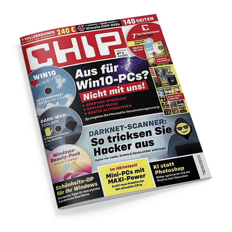Titelbild der Computerzeitschrift „CHIP“ mit rotem Logo oben links, daneben der Schriftzug „140 Seiten“ auf rotem Streifen. Zentrale Überschrift: „Aus für Win10-PCs? Nicht mit uns!“ in weißer und roter Schrift auf schwarzem Hintergrund. Weitere Schlagzeilen u. a.: „DARKNET-SCANNER: So tricksen Sie Hacker aus“, „Schönheits-OP für Ihr Windows“ und „Mini-PCs mit MAXI-Power“. Diverse runde Grafikelemente mit Texten und Symbolen auf dunklem Hintergrund.