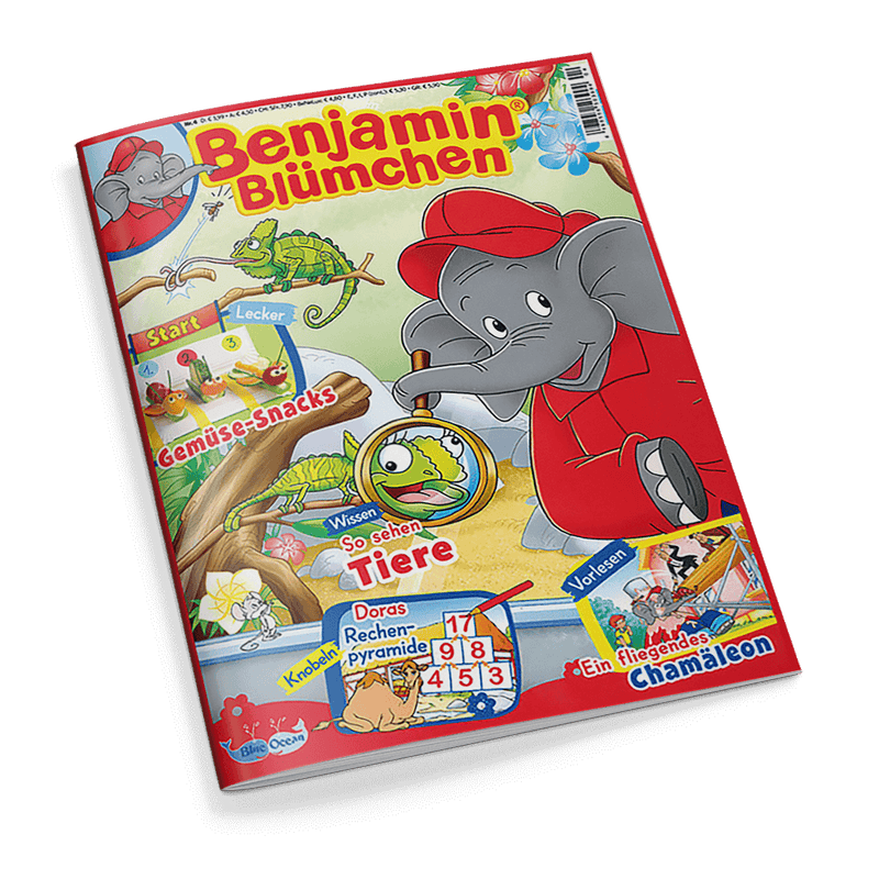 Titelbild des Kinderhefts „Benjamin Blümchen“ mit Zeichnung eines grau-roten Elefanten in roter Kleidung, der durch eine Lupe ein grün-gelb gestreiftes Chamäleon betrachtet; bunte grafische Elemente mit Überschriften wie „Gemüse-Snacks“, „So sehen Tiere“, „Doras Rechenpyramide“ und „Ein fliegendes Chamäleon“, Bildanteile zeigen Reptilien, Obststücke, ein Rechenspiel sowie weitere gezeichnete Figuren vor hellem Hintergrund.