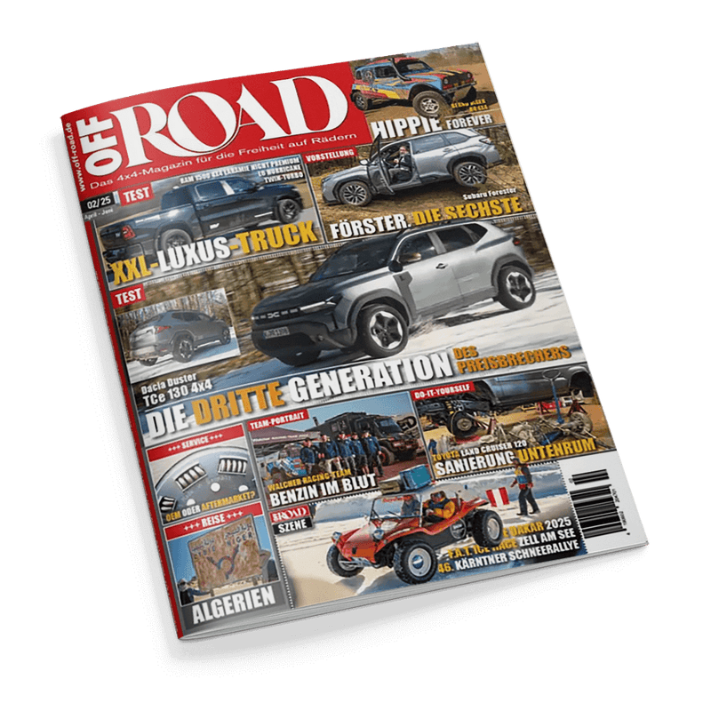 Titelbild des 4x4-Magazins „OFF ROAD“ mit dem Untertitel „Das 4x4-Magazin für die Freiheit auf Rädern“, dominiert von einem großen Bild eines grauen Dacia Duster SUV auf schneebedeckter Straße, ergänzt durch kleinere Bilder von Geländewagen, einem bunten Hippie-Jeep, einem roten Buggy, Menschen vor einem Rallyefahrzeug sowie Werkstattszenen; markante Schlagzeilen u. a.: „XXL-LUXUS-TRUCK“, „DIE DRITTE GENERATION“, „BENZIN IM BLUT“, „SANIERUNG UNTERUM“.