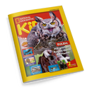 Titelblatt der Kinderzeitschrift „National Geographic Kids“ mit gelbem Rand und großem Foto einer Eule mit geöffnetem Schnabel und gelben Augen vor grünem Hintergrund. Textaufschrift: „Eulen: Mit großen Augen durch die Nacht!“. Links kleinere Vorschaubilder und Überschriften zu Themen wie Orcas, Pharaonen und Dinosaurier, unten Hinweis „2 starke Poster!“.