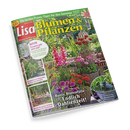 Titelblatt der Zeitschrift „Lisa Blumen & Pflanzen“, Ausgabe August 2026. Im Vordergrund ein bepflanzter Holztisch und Blumenkästen mit rosafarbenen, roten und lilafarbenen Blüten, dahinter grüner Gartenhintergrund. Schriftzüge: „Bunte Blütenfülle – Endlich Dahlienzeit!“, „Jetzt freuen wir uns auf...“, sowie Themenhinweise zu Topfgarten, Minaturwelten, Tischdeko und Wasserspielen.