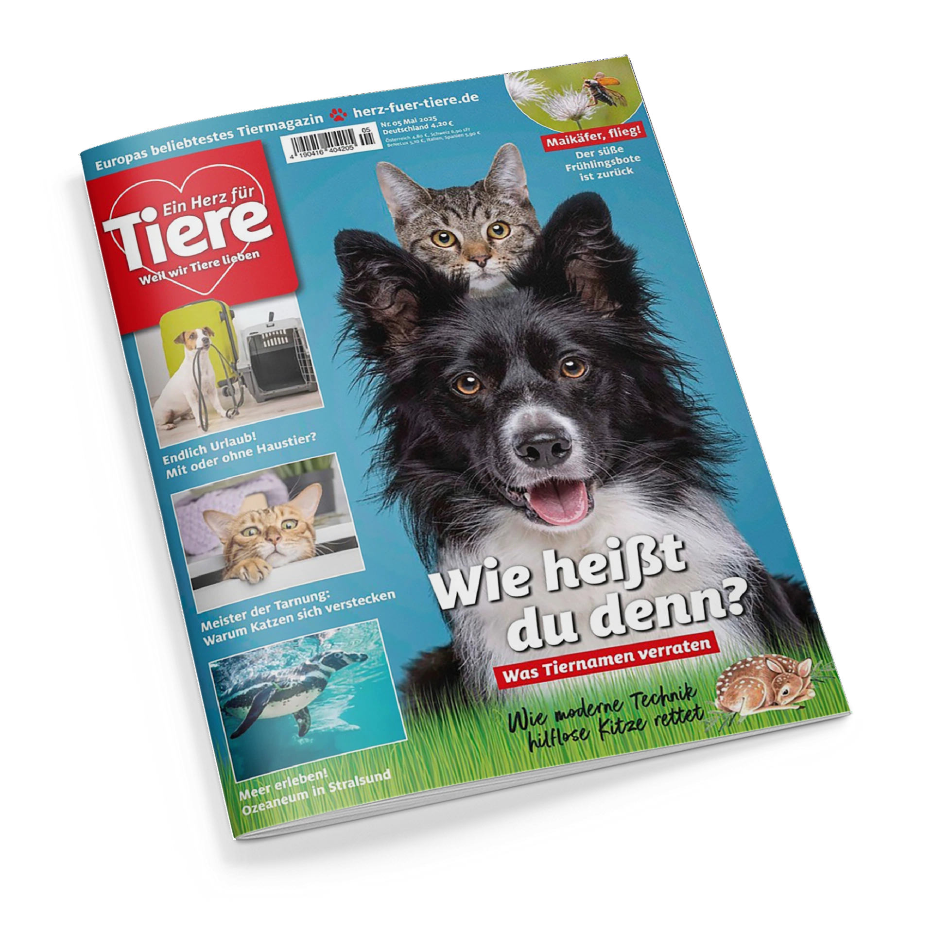 Titelblatt des Magazins „Ein Herz für Tiere“ mit großem Foto eines schwarzen Hundes mit weißer Schnauze und einer getigerten Katze im Hintergrund vor hellblauem Hintergrund. Hauptüberschrift: „Wie heißt du denn? Was Tiernamen verraten“. Weitere Texte: „Endlich Urlaub! Mit oder ohne Haustier?“, „Meister der Tarnung: warum Katzen sich verstecken“, „Meer erleben! Ozeaneum in Stralsund“ und „Wie moderne Technik hilflose Kitze rettet“.