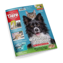 Titelblatt des Magazins „Ein Herz für Tiere“ mit großem Foto eines schwarzen Hundes mit weißer Schnauze und einer getigerten Katze im Hintergrund vor hellblauem Hintergrund. Hauptüberschrift: „Wie heißt du denn? Was Tiernamen verraten“. Weitere Texte: „Endlich Urlaub! Mit oder ohne Haustier?“, „Meister der Tarnung: warum Katzen sich verstecken“, „Meer erleben! Ozeaneum in Stralsund“ und „Wie moderne Technik hilflose Kitze rettet“.