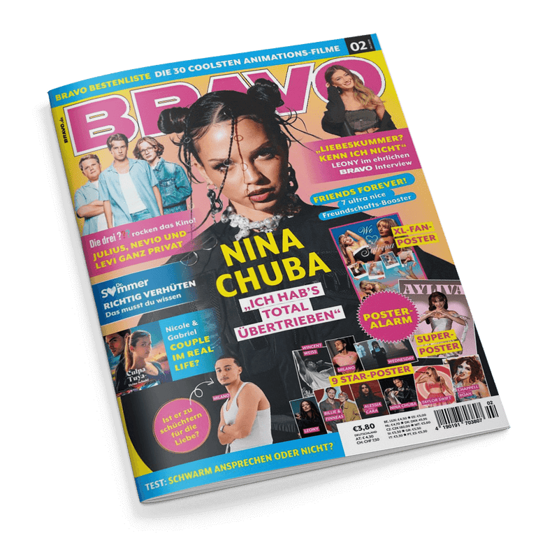 Titelbild der Zeitschrift „BRAVO“, Ausgabe 02, zeigt eine junge Frau mit geflochtenen Zöpfen und auffälligem Schmuck mittig, darüber der Schriftzug „NINA CHUBA“ in Gelb und darunter in pink-weißer Sprechblase „ICH HAB’S TOTAL ÜBERTRIEBEN“; weitere Textelemente: „Die drei ??? rocken das Kino!“, „Richtig verhüten“, „Poster-Alarm“, „9 Star-Poster“, „Friends Forever“ sowie Preisangabe €3,80 und mehrere kleinere Porträts von Prominenten auf der rechten und unteren Seite des Covers.