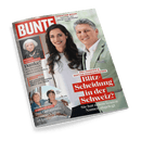 Titelbild der Zeitschrift „BUNTE“ mit einem freundlich blickenden Paar, einer dunkelhaarigen Frau in weißer Bluse und einem grauhaarigen Mann im hellgrünen Sakko, zentral vor grünlichem Hintergrund; Schlagzeile in Rot und Weiß: „Blitz-Scheidung in der Schweiz?“ sowie „ANA IVANOVIC & BASTIAN SCHWEINSTEIGER“. Weitere Texte: „CHRISTIAN WULFF: Ich bin ein glücklicherer Mann“, „MARGOT FRIEDLÄNDER (†): Danke!“, „SIGMAR SOLBACH: Das Geheimnis unserer Liebe ist Loslassen“.
