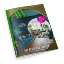 Magazin „AW Architektur & Wohnen“ mit grünem Logo und Schriftzug auf olivbraunem Hintergrund, darunter Titel „Das Beste aus Italien“, dazu Textelemente wie „Mailand für Design-Fans“, „Dossier“ und „Stauden, Struktur und Sinnlichkeit“. Auf dem Cover ein modernes Wohnzimmer mit türkisblauer Polstercouch, runden Tischen, Pflanzen und großem Fenster, fotografiert in heller Innenraumbeleuchtung.