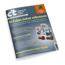 Schräg fotografiertes, einzelnes c’t-Magazin mit dunkelblau-grauer, glänzender Titelseite und weißem Logo „c’t magazin für computer technik“. Sichtbare Überschriften: „KI-Fakes sicher erkennen“, „Shopping ohne Tracking“ und „Kompaktkamera trotz Handy“; oben rechts orangefarbener Hinweis „Die Technik in Desinfec’t 2026“ mit grüner Virusfigur, daneben Karten und Stempel mit „KI“ und „KI-frei“.