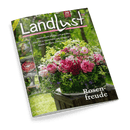 Titelbild der Zeitschrift „Landlust“, Ausgabe Mai/Juni 2025, mit floraler Nahaufnahme: ein großer, gemischter Strauß aus rosa, roten und weißen Rosen sowie grünen und lilafarbenen Begleitblumen in einer runden Vase auf einem Holztisch im Garten, Titelschrift weiß mit pinkem Balken, Aufschriften u. a.: „Rosenfreude“, „Staudenbeete anlegen und gestalten“, „Eifel: Auf zu Ginsterblüte und Vulkanen“, „Basteln mit Papier und Salzteig“, oben rechts rotes Emblem „20 Jahre Landlust“.