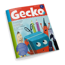 Titelbild der Kinderzeitschrift „Gecko“ Ausgabe Nr. 107 mit rotem oberen Rand und weißem Schriftzug, zeigt eine Illustration farbiger Zeichenutensilien mit Gesichtern – darunter Buntstifte, Schere, Pinsel und Radiergummi – rund um ein lächelndes, bläulich-rotes Quadrat mit Augen; links Text mit den Titeln „Die Burg MACKFEI“, „ANGESTIFTET“ und „Der Tag des fröhlichen WURMS!“; unten runder blauer Hinweis: „Alle zwei Monate neu ohne Werbung“, Thema „Streiten & Versöhnen“.