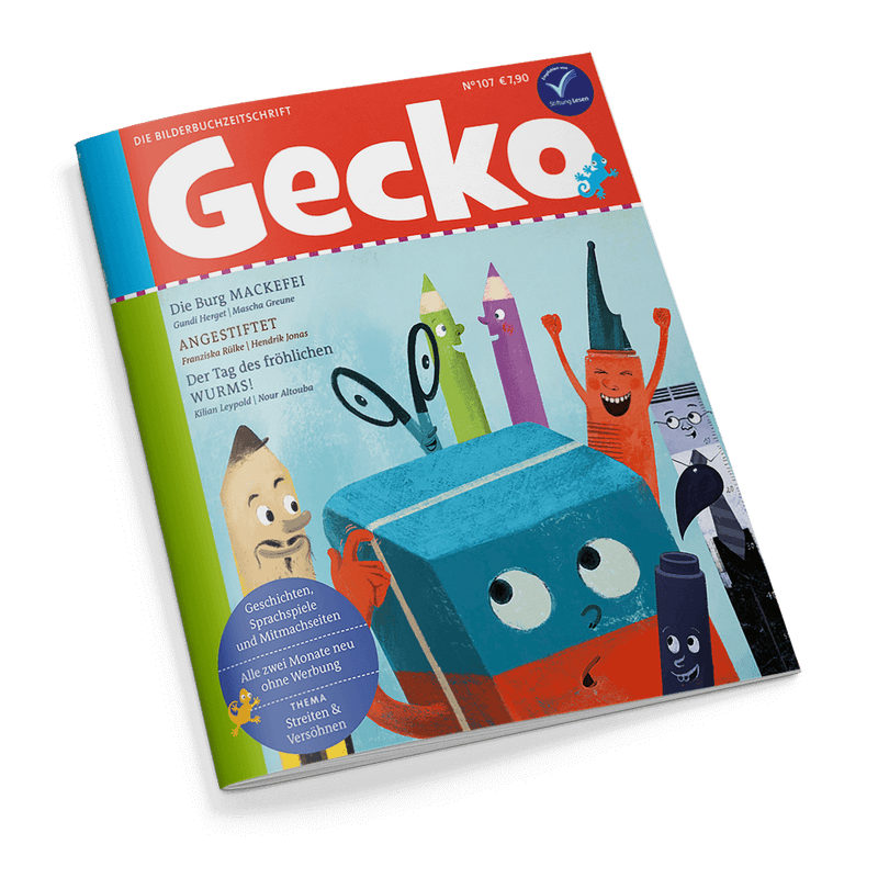 Titelbild der Kinderzeitschrift „Gecko“ Ausgabe Nr. 107 mit rotem oberen Rand und weißem Schriftzug, zeigt eine Illustration farbiger Zeichenutensilien mit Gesichtern – darunter Buntstifte, Schere, Pinsel und Radiergummi – rund um ein lächelndes, bläulich-rotes Quadrat mit Augen; links Text mit den Titeln „Die Burg MACKFEI“, „ANGESTIFTET“ und „Der Tag des fröhlichen WURMS!“; unten runder blauer Hinweis: „Alle zwei Monate neu ohne Werbung“, Thema „Streiten & Versöhnen“.