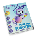 Titelbild der Kinderzeitschrift „ZEIT Leo“ mit einem gezeichneten, freundlich blickenden Roboter mit lila Körper, gelben Handschützern und großem Bildschirm-Gesicht, der eine Sprechblase mit „HI!“ zeigt; zentrale Überschrift: „SCHLAUE ROBOTER – Wie künstliche Intelligenz die Welt verändert und wo du ihr begegnest“, weitere sichtbare Themen: „Pflanz mal – einen Süssi im Topfhaus!“, „Im Stadion“, „Am Mikro“, „Vögel“, sowie „Witze, Rätsel, Comic!“, heller Hintergrund in Blau- und Türkistönen.