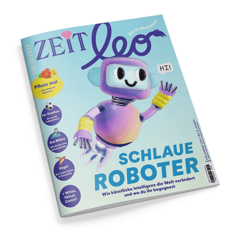 Titelbild der Kinderzeitschrift „ZEIT Leo“ mit einem gezeichneten, freundlich blickenden Roboter mit lila Körper, gelben Handschützern und großem Bildschirm-Gesicht, der eine Sprechblase mit „HI!“ zeigt; zentrale Überschrift: „SCHLAUE ROBOTER – Wie künstliche Intelligenz die Welt verändert und wo du ihr begegnest“, weitere sichtbare Themen: „Pflanz mal – einen Süssi im Topfhaus!“, „Im Stadion“, „Am Mikro“, „Vögel“, sowie „Witze, Rätsel, Comic!“, heller Hintergrund in Blau- und Türkistönen.