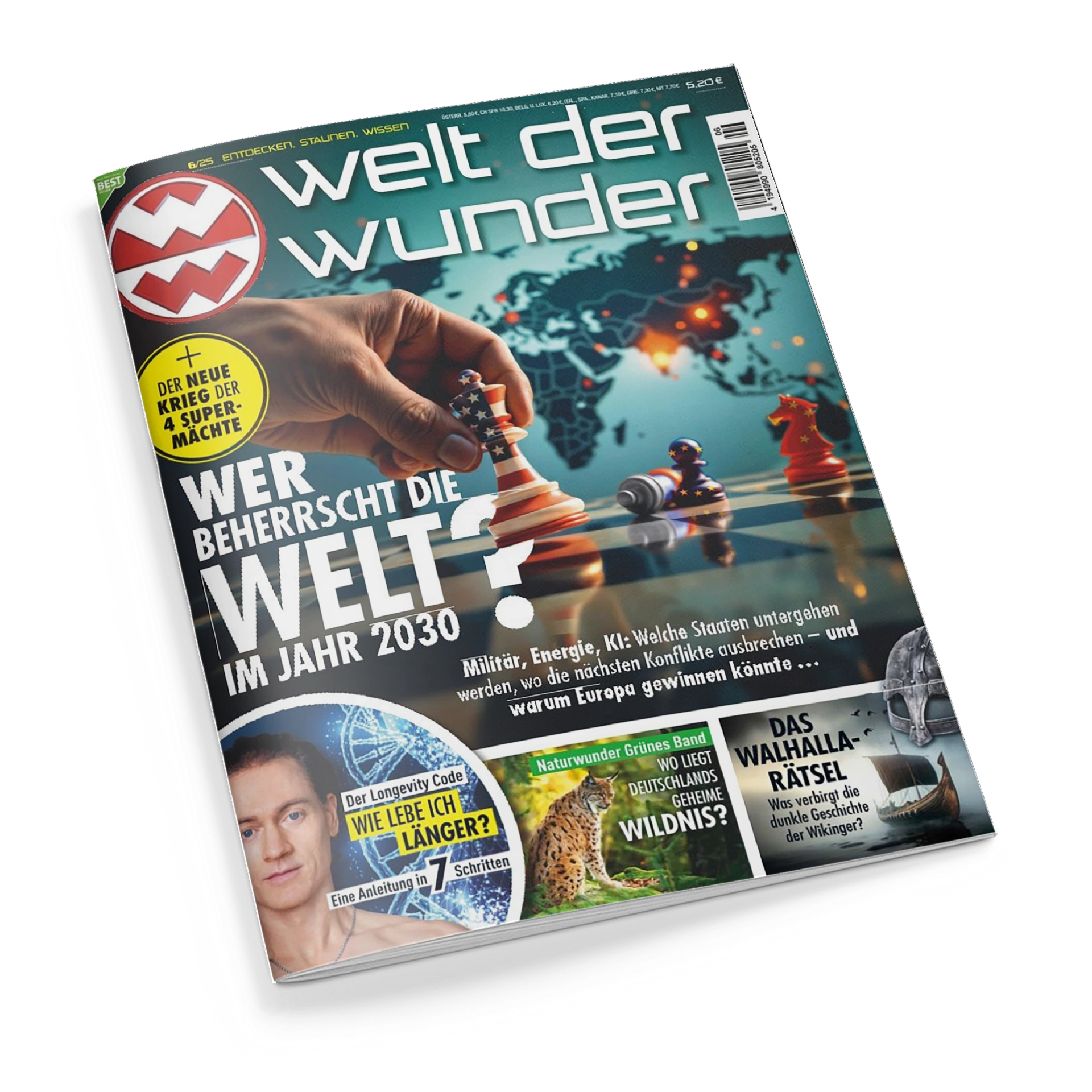 Titelbild des Magazins „Welt der Wunder“ mit einer Hand, die Schachfiguren auf einem Spielfeld bewegt, vor einer Weltkarte in Blautönen. Hauptüberschrift: „Wer beherrscht die Welt? Im Jahr 2030“. Weitere Texte thematisieren Militär, Energie, KI, Langlebigkeit, Wildnis und ein „Walhalla-Rätsel“. Im unteren Bereich ein männliches Porträt, eine Raubkatze und ein Wikingerhelm.