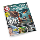 Titelbild des Magazins „Welt der Wunder“ mit einer Hand, die Schachfiguren auf einem Spielfeld bewegt, vor einer Weltkarte in Blautönen. Hauptüberschrift: „Wer beherrscht die Welt? Im Jahr 2030“. Weitere Texte thematisieren Militär, Energie, KI, Langlebigkeit, Wildnis und ein „Walhalla-Rätsel“. Im unteren Bereich ein männliches Porträt, eine Raubkatze und ein Wikingerhelm.