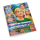 Schräg vor schwarzem Hintergrund abgebildetes, glänzendes Magazincover „DAS NEUE BLATT – Das Original!“ mit drei Frauenporträts und einem kleineren Porträt einer weiblichen Person sowie einem männlichen Porträt. Sichtbare Texte: „Mehr Zeit für die Familie“, „HANS SIGL – Er macht Schluss!“, „KÖNIGIN MÁXIMA – Morddrohungen!“, „So beschützt sie ihre Töchter“, „ANNA ERMAKOVA – So kämpft sie um Papa Boris“ und „Käsekuchen mit Lieblings-Früchten“.