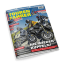 Titelbild der Zeitschrift „TOURENFAHRER“ Juni 2025 mit drei Motorradfahrer*innen in Schräglage auf asphaltierter Straße, alle in kompletter Schutzkleidung; darüber gelber Titel mit blauem Hintergrund, mehrere Artikelankündigungen in weißen und roten Schriftfeldern, darunter „Nie wieder kuppeln?“ sowie markierte Vergleichstests zu Honda DCT, Yamaha Y-AMT und Honda E-Clutch, oben Hinweise auf Reportagen, Tests und Tourenziele.