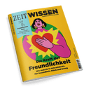 Titelbild der Zeitschrift „ZEIT WISSEN“ Nr. 05 September/Oktober 2024 mit gelbem Hintergrund, zentralem Pop-Art-Stil-Motiv einer weiblich gelesenen Figur mit schwarzem Haar, pinkem Arm und einer Hand auf einem roten Herz vor einer gelben Sonne und grüner Fläche; Aufschrift: „Die Kraft der Freundlichkeit – Wie man sie in sich entdeckt. Für Gesundheit, Glück und Erfolg“ sowie linkes blaues Segment mit Text: „Problemzone Knie – Ärger vermeiden, Schmerzen loswerden. Ein Plan“.