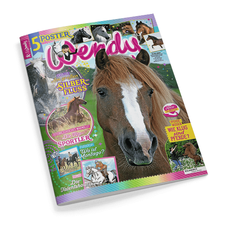 Titelbild der Kinderzeitschrift „Wendy“ mit großem Foto eines braunen Pferdes mit weißer Blesse im Vordergrund, darum gruppierte kleinere Bilder von Pferden und Reiterinnen sowie Texte wie „5 Poster“, „Am großen Silberfluss“, „Die Top Sportler“, „Wie klug sind Pferde?“, „Wo ist Montago?“ und „Die Talentshow“; bunt gestalteter Hintergrund in Grün-, Rosa- und Blautönen mit sternenförmigen Elementen.