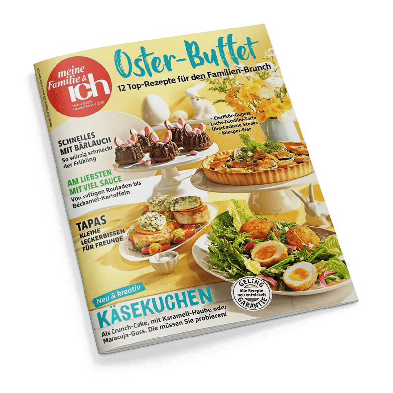 Titelbild der Zeitschrift „meine Familie & ich“, Ausgabe mit Schwerpunkt „Oster-Buffet – 12 Top-Rezepte für den Familien-Brunch“. Im Fokus stehen angerichtete Speisen auf weißen Etageren und Tellern, darunter dekorierte Schokoladen-Gugelhupfs, eine Gemüse-Quiche, ein gemischter Salatteller mit halbierten gekochten Eiern, überbackene Steaks und kleine Brötchen mit Kräutersoße. Schlagzeilen u. a.: „Käsekuchen“, „Schnelles mit Bärlauch“, „Tapas“, „Am liebsten mit viel Sauce“.