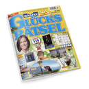 Titelbild der Rätselzeitschrift „Bastei Glücks Rätsel“, Ausgabe Nr. 3/25 für Mai/Juni mit gelbem Hintergrund und blauer Schrift, mittig eine braunhaarige Frau mit weißer Bluse, daneben Werbebilder für Preise wie 4 DVDs, Armbanduhr, Entsafter, Gläser-Sets sowie ein Kreuzworträtsel-Ausschnitt, unten ein Foto mit Wegweisern und einer bergsteigenden Person, Aufschrift „Urlaub“, oben der Preis 2,19 € für Deutschland.