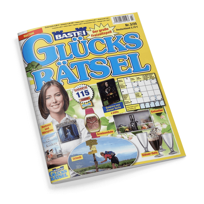 Titelbild der Rätselzeitschrift „Bastei Glücks Rätsel“, Ausgabe Nr. 3/25 für Mai/Juni mit gelbem Hintergrund und blauer Schrift, mittig eine braunhaarige Frau mit weißer Bluse, daneben Werbebilder für Preise wie 4 DVDs, Armbanduhr, Entsafter, Gläser-Sets sowie ein Kreuzworträtsel-Ausschnitt, unten ein Foto mit Wegweisern und einer bergsteigenden Person, Aufschrift „Urlaub“, oben der Preis 2,19 € für Deutschland.