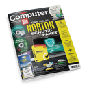 Titelblatt der Zeitschrift „Computer Bild“ mit gelb-schwarzer Hauptaufschrift „Das neue Norton Schutz-Paket“. Zentral abgebildet sind eine gelbe Norton-Softwarebox, ein offener Laptop mit leuchtendem Schutzschild-Symbol auf dem Bildschirm sowie eine grüne CD. Weitere kleinere Textelemente informieren über Themen wie Bluetooth-Lautsprecher, Gratis-Foto-Programme und Wetter-Apps; Hintergrund in dunklen Grautönen mit gelben Akzenten.
