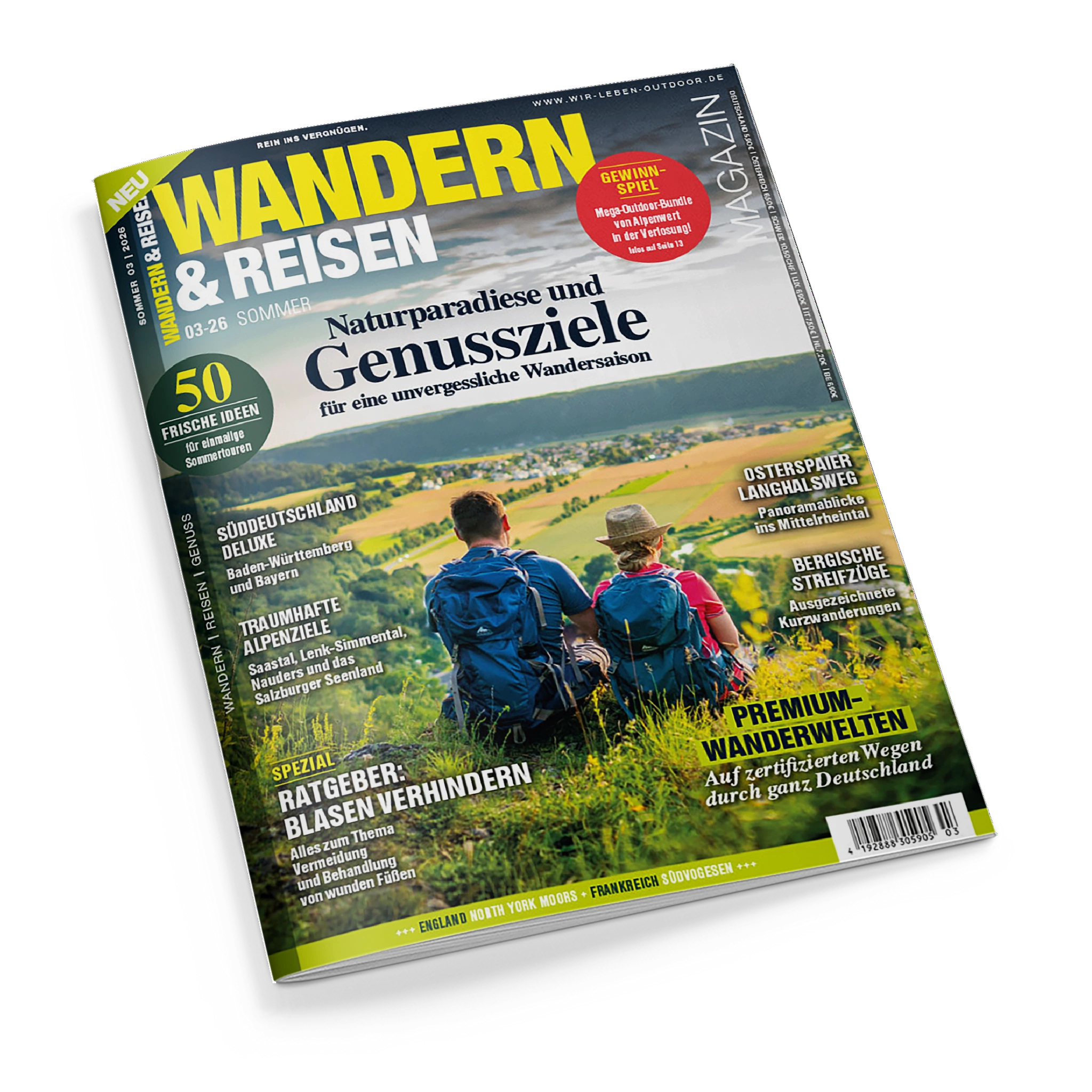 Titelbild des Magazins „Wandern & Reisen“ Ausgabe 03–26 Sommer. Vorderseite mit zwei wandernden Personen – eine männlich gelesene, eine weiblich gelesene – mit blauen und roten Rucksäcken, auf einem grünen Hang mit Blick über Felder und ein Tal. Überschriften: „Naturparadiese und Genussziele“, „Ratgeber: Blasen verhindern“, „Premium-Wanderwelten“, sowie Hinweise zu Süddeutschland, Alpenzielen, Langschleifen und Streifzügen.