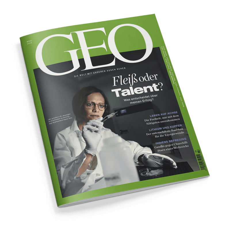 Titelbild der Zeitschrift „GEO“, Ausgabe März 2025, mit grünem Rahmen und dem Slogan „Die Welt mit anderen Augen sehen“; im Mittelpunkt eine weiblich gelesene Person im weißen Laborkittel und mit Schutzhandschuhen, die ein Reagenzglas hält; Haupttitel: „Fleiß oder Talent? Was entscheidet über meinen Erfolg?“ sowie weitere Schlagzeilen zu Themen wie mobiles Leben, Rohstoffe und politische Umbrüche.