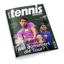 Titelbild des „tennis MAGAZIN“, Ausgabe 11 vom November 2024; im Vordergrund drei männliche Tennisprofis in Spielpose vor dunklem Hintergrund, zentrale Figur in pink-lila gemustertem Shirt beim Rückschlag eines gelb-grünen Tennisballs, umgeben von zwei weiteren Spielern in blauem bzw. weißem Oberteil; Textaufschriften u. a.: „Wer dominiert die Tour?“, „Zverev, Alcaraz, Sinner“, „FOTOSTORY – Die schönsten Tenniscourts der Welt“, „NEUHEIT – Maßgeschneiderte Rackets“.