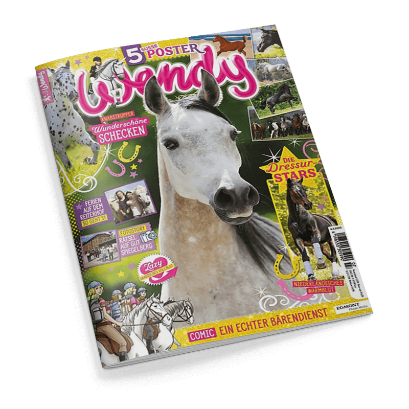 Titelbild der Zeitschrift „Wendy“ mit großem Foto eines grauen Pferdes im Zentrum, umgeben von kleineren Bildern weiterer Pferde sowie Fotos und Illustrationen von Reitaktivitäten; sichtbare Texte u. a.: „5 süße Poster“, „Wunderschöne Schecken“, „Ferien auf dem Reiterhof – so geht’s!“, „Fotosstory – Rätsel auf Spiegelberg“, „Die Dressurstars“, „Niederländisches Warmblut“ und „Comic: Ein echter Bärendienst“, Markenlogo „Egmont“ unten rechts.