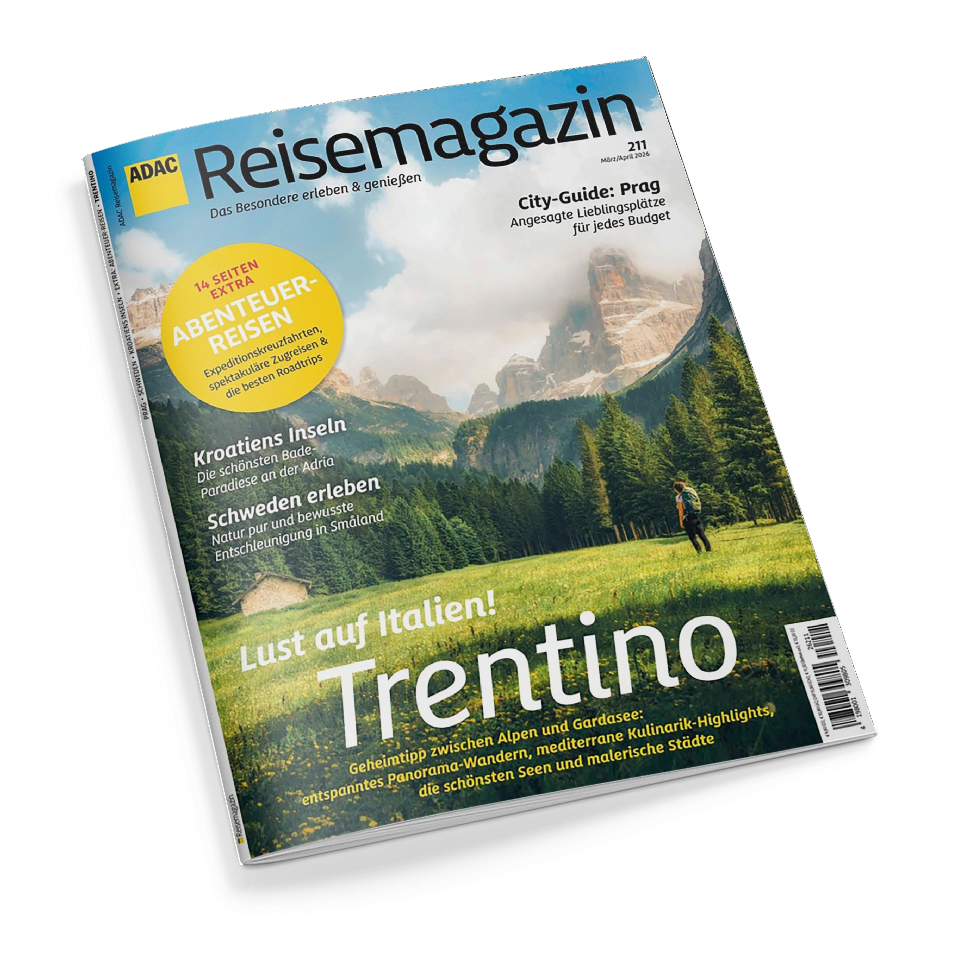 Titelblatt des „ADAC Reisemagazin“ Heft 211 mit dem Schwerpunkt „Trentino“. Im Vordergrund eine grüne Wiese mit einer wandernden Person, dahinter dichte Nadelbäume und felsige Berge unter teils wolkigem Himmel. Textelemente: „Lust auf Italien! Trentino“, „Kroatiens Inseln“, „Schweden erleben“, „City-Guide: Prag“ sowie gelber Kreis mit „14 Seiten extra Abenteuerreisen“.