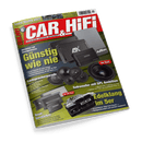 Titelbild der Fachzeitschrift „CAR & HIFI“ Ausgabe 4/2025 mit rotem, weißem und schwarzem Logo am oberen Bildrand; im Vordergrund mehrere schwarze Verstärkergeräte von Marken wie Axton, ESX und Xcelsus, verschiedene schwarze Lautsprecher und ein großer schwarzer Subwoofer mit blauer Membran, dazu ein weißer BMW mit „CAR & HIFI“-Kennzeichen; Textaufschriften u. a. „Günstig wie nie“, „Edelklang im 5er“, „Lautsprecherparade“, „Neue Verstärker“.