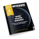 Titelbild der Zeitschrift „ZEIT WISSEN“ (Ausgabe 03 Mai/Juni 2025) mit Schwarz als Hauptfarbe, zentralem Bild eines nächtlichen Erdballs mit leuchtenden Städten und weißer Hauptüberschrift „Wird schon wieder? – Wie wir aus der Weltgeschichte Trost und Mut schöpfen“, gelber Kasten links oben mit Text „Kassensturz – Was der Umgang mit Geld über uns verrät – Selbsttest“, untere Textzeile: „Unser Autor Tobias Hürter nimmt Sie mit auf eine besondere Reise in unsere Vergangenheit“.