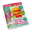 Titelbild der Zeitschrift „Good Health“ (Ausgabe Nr. 2, Januar/Februar 2025) mit einer aus Paprikaringen und Salat zusammengesetzten Gemüse-Burger-Grafik im Zentrum, großem Haupttitel „Neustart für den Stoffwechsel“ und weiteren Texten wie „Cleveres 2-Wochen-Programm“, „PLUS – Selbsttest – Rezeptplaner – Einkaufsliste“ sowie Artikelhinweisen zu Themen wie Urvertrauen, Gedächtnis, Immunstärkung und Bauchfettabbau.