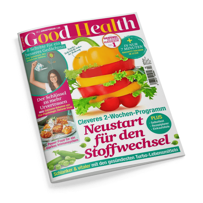 Titelbild der Zeitschrift „Good Health“ (Ausgabe Nr. 2, Januar/Februar 2025) mit einer aus Paprikaringen und Salat zusammengesetzten Gemüse-Burger-Grafik im Zentrum, großem Haupttitel „Neustart für den Stoffwechsel“ und weiteren Texten wie „Cleveres 2-Wochen-Programm“, „PLUS – Selbsttest – Rezeptplaner – Einkaufsliste“ sowie Artikelhinweisen zu Themen wie Urvertrauen, Gedächtnis, Immunstärkung und Bauchfettabbau.