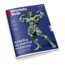 Titelblatt der Zeitschrift „WirtschaftsWoche“ mit blauem Hintergrund und bronzefarbener, muskulös dargestellter Freiheitsstatue in Siegerpose. Schriftzüge: „WirtschaftsWoche 100“, „Nr. 28“, „Amerika, du machst es besser“, sowie Themenhinweise zu Volkswagen, Schwellenländern und Ruhestand. Oben rechts Datierung „3. Juli 2026“, unten Verlagsangabe in kleiner weißer Schrift.